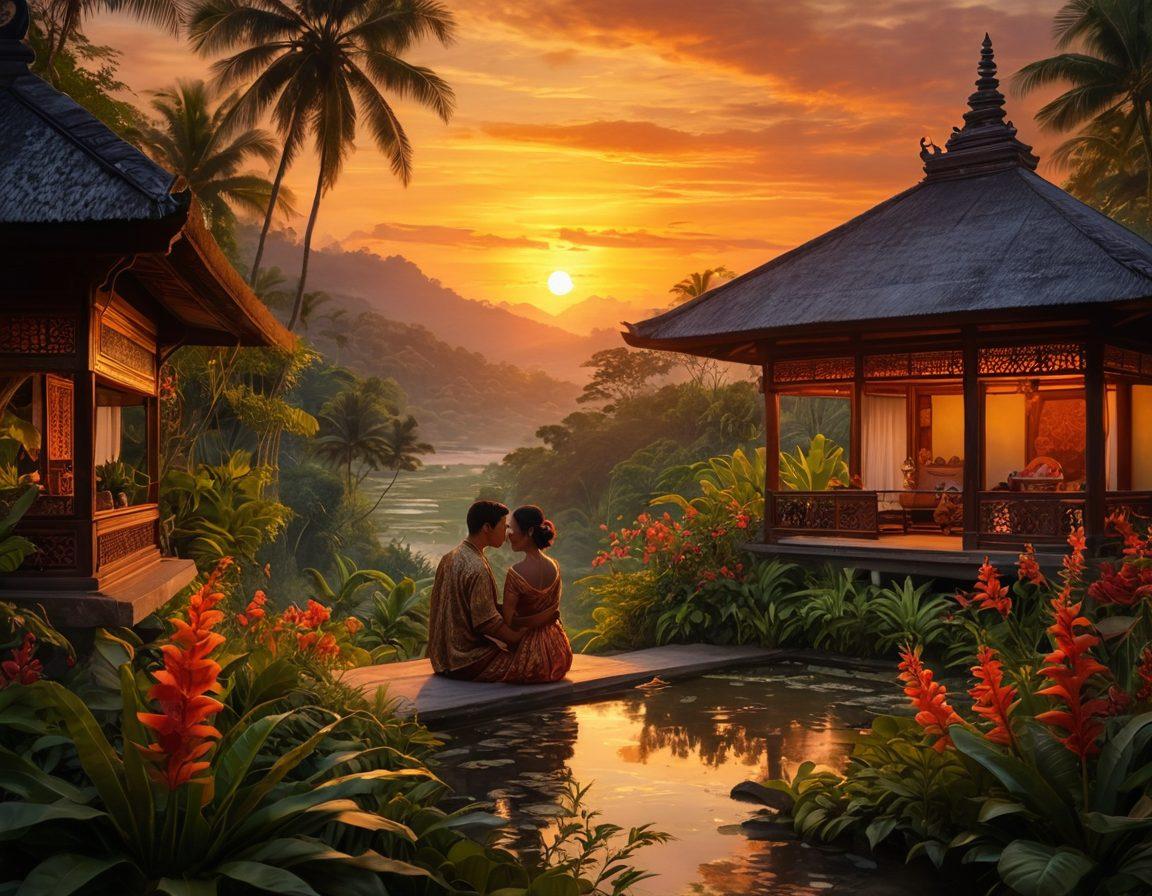 A mesmerizing scene depicting a romantic Indonesian landscape at sunset, featuring a couple intimately connected, surrounded by lush greenery and traditional Balinese architecture. Soft, warm lighting enhances their expressions, symbolizing passion and closeness. Intricate details like batik patterns and vibrant flowers represent the cultural richness of intimacy. super-realistic. vibrant colors. romantic atmosphere.