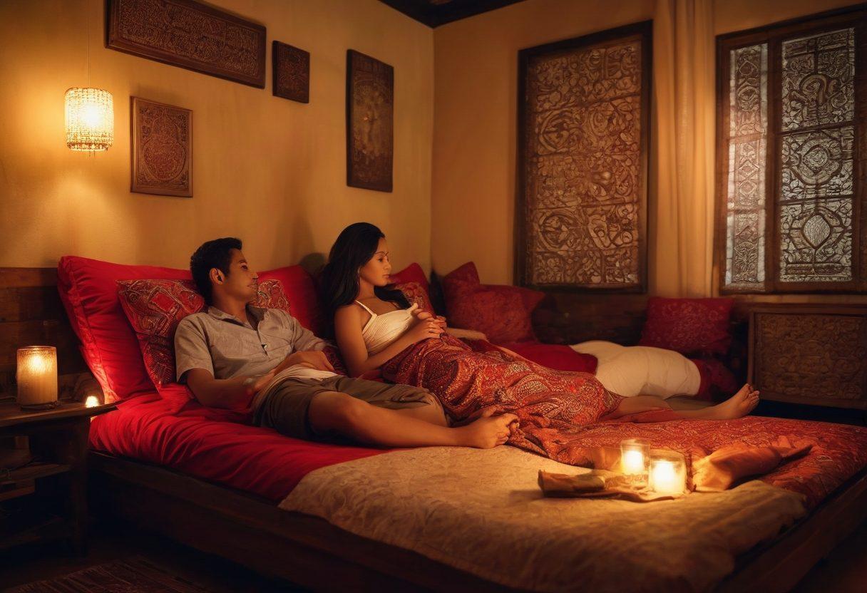 A romantic scene featuring a couple watching an Indonesian adult film together, surrounded by cozy decor and soft lighting. The ambiance should evoke intimacy and connection, with elements like popcorn, blankets, and soft cushions. Incorporate cultural motifs representing Indonesian film, such as traditional batik patterns subtly woven into the background. Emphasize the warmth of the atmosphere with gentle hues of red and gold. super-realistic. vibrant colors. warm lighting.